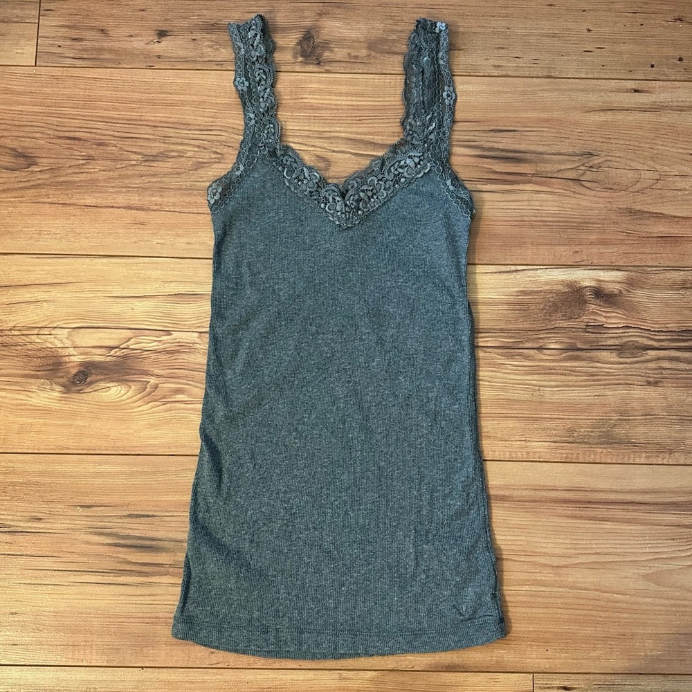 American Eagle Gray Ribbed Y2k Lace Trim Cami Size Small